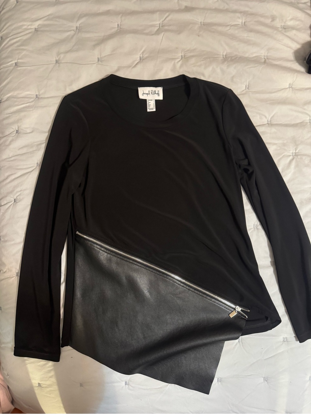 Joseph Ribkoff Black Long-Sleeve Top with Diagonal Faux-Leather Zip Panel
